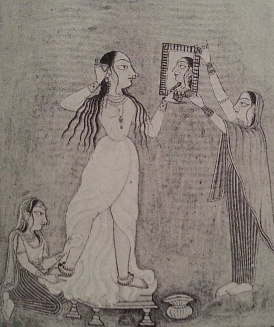 Woman at the Mirror, Pahari miniature painting (tempera on paper), c. 1730.