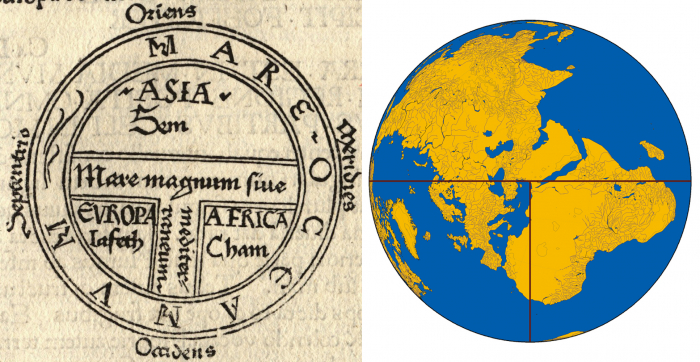 Mappa orbis terrae tratta dalle Etimologie di Sant’Isidoro di Siviglia, 1472, e una versione ottenuta con cartografie moderne&nbsp;