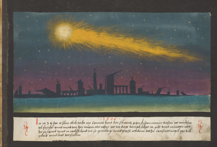 1506 CometaNell’anno 1506, una cometa fu visibile per svariate notti e rivolse la coda verso la Spagna. In quell’anno giunse a maturazione una moltitudine di frutti che venne completamente distrutta da bruchi o ratti. Seguì, a distanza di otto e nove anni, un terremoto in questo paese e in Italia, talmente esteso e violento che a Costantinopoli molti edifici crollarono e morirono un sacco di persone.